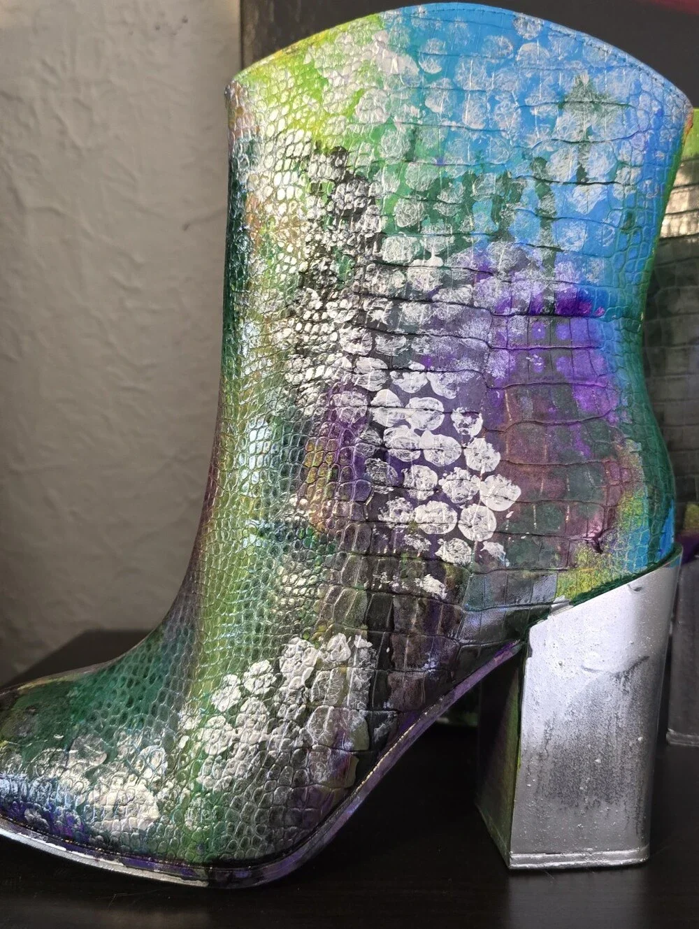 HANDCRAFTED Upcycled Ankle Boots HANDPAINTED Size 9.5 Bootie Snake Print Texture